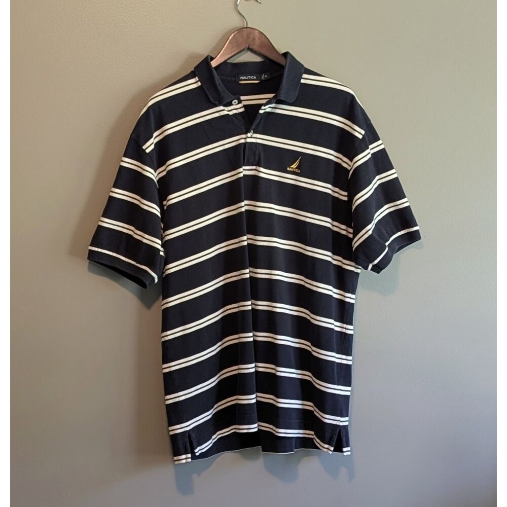 Nautica Mens XL Extra Large Polo Shirt Black White Stripe Short Sleeve SS Cotton
